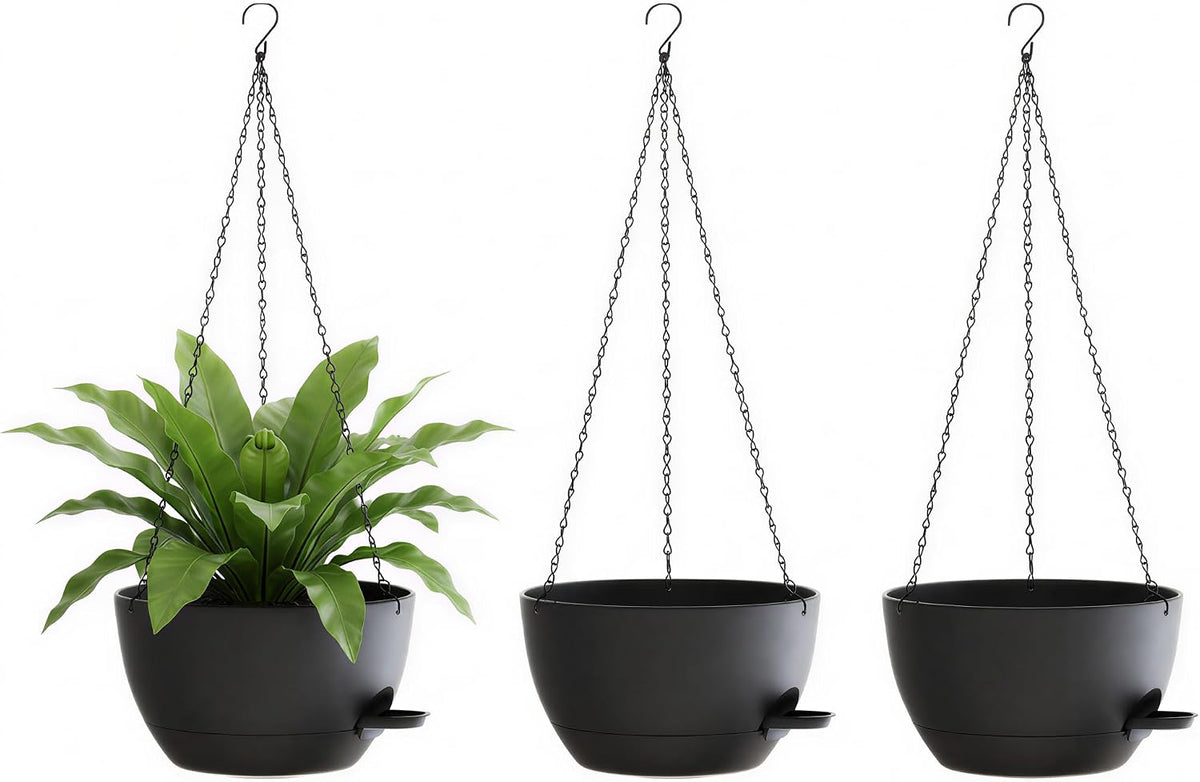 Hanging Planters, 3-Pack 10 Inch Self-Watering Pots with Drainage Holes and Chains, Matte Plastic Planters for Indoor/Outdoor Plant(Black)