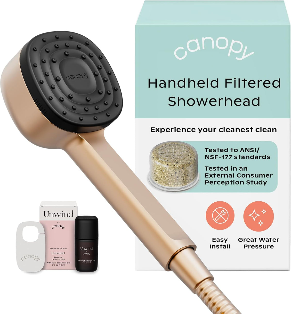 Canopy Handheld Filtered Shower Head & Scalp Massager, Brass