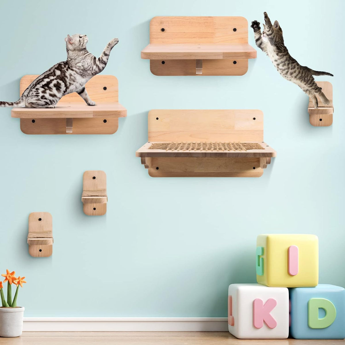 Maitys 6 Pcs Cat Wall Mounted Shelves, Cat Wall Furniture with Scratching Non Slip Felt, Shelves Climbing Steps, Thick Secure Solid Wood Floating Shelf for Sleeping Playing Lounging(Rectangular)