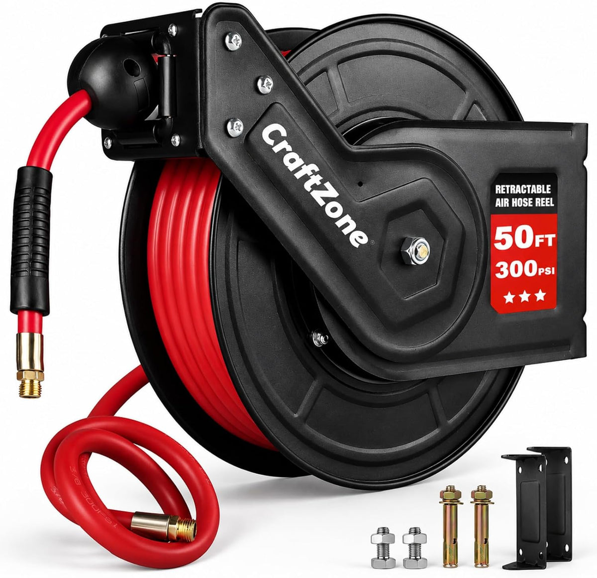Retractable Air Hose Reel 50 FT | 300 PSI Air Compressor Hose Reel | 3/8 Hybrid Polymer Hose | Heavy-Duty Steel Wall Mount Swivel Bracket|Auto Rewind | All-Weather Retractable Air Hose - Red