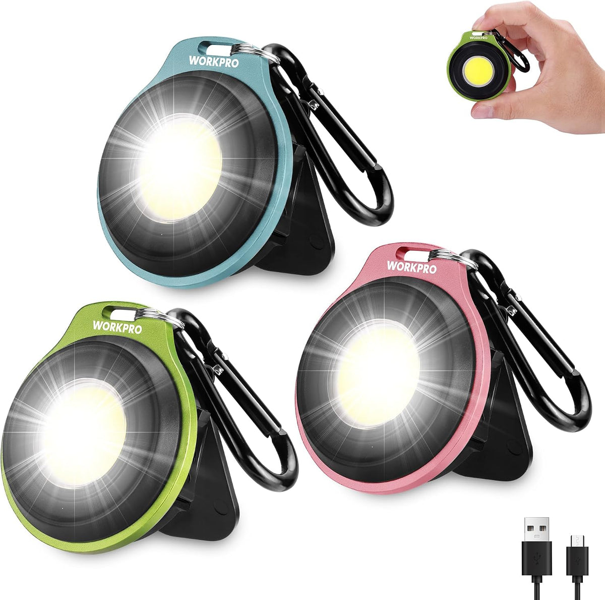 WORKPRO COB Keychain Work Light, 3PCS Rechargeable Mini Keychain Flashlight