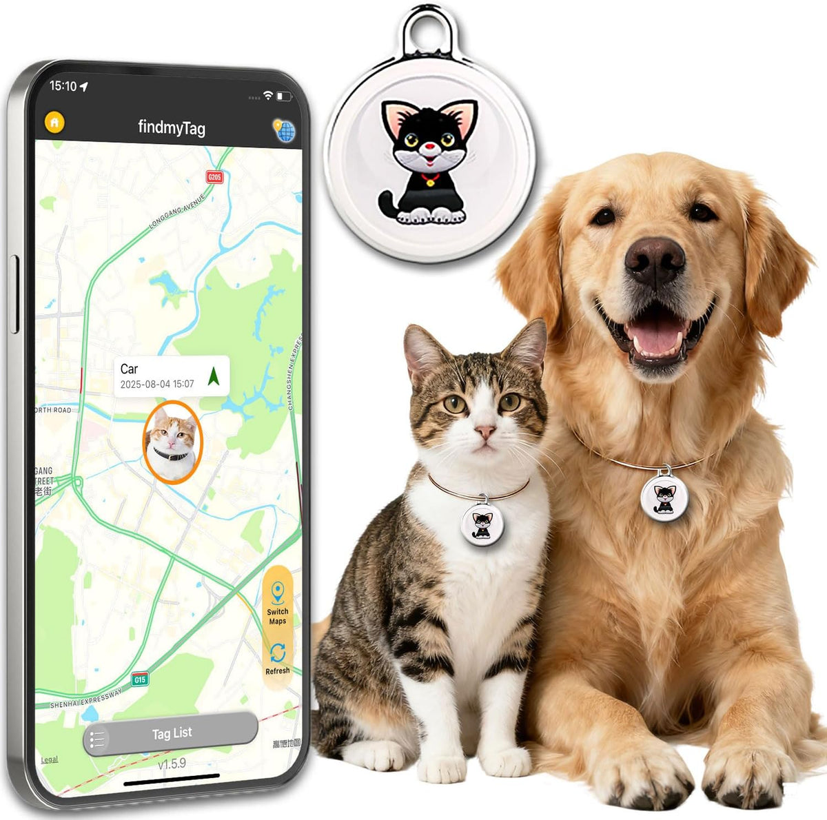 GPS Tracker for Dogs, Mini Cat Tracker, Smart Pet Tracker, Real-Time Tracking & Anti-Lost Alerts, No Monthly Fee, No SIM Card, Waterproof & Drop-Proof, 730-Day Battery Life, Works with Ios & Android