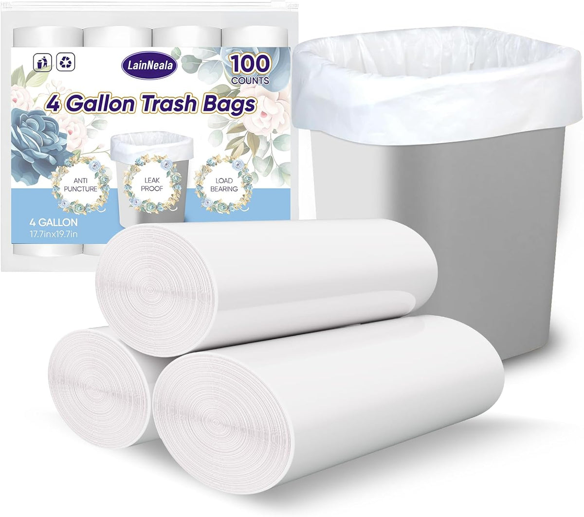 Lainneala Small Trash Bags 4 Gallon, 100 Count Small Garbage Bag Bathroom White Mini Trash Bag Trash Can Liners Unscented Small Garbage Bags for Bathroom Can