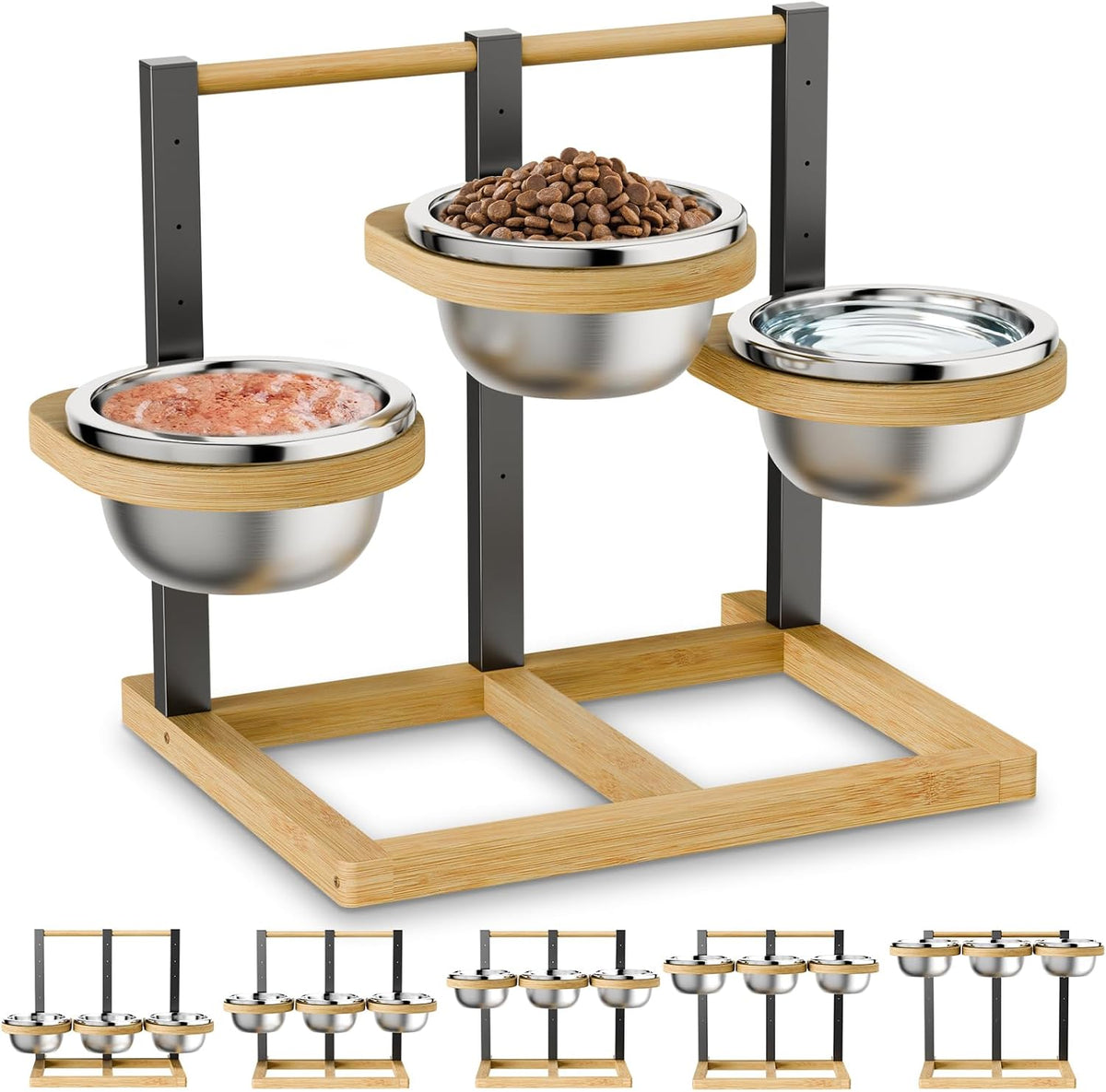 Bamboo Raised Dog Bowl,Elevated Dog Bowl,5-Height Adjustable