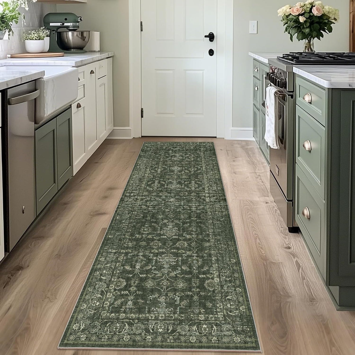 2X6 Washable Kitchen Runner Rug Non-Slip Boho Dark Green Throw Carpet