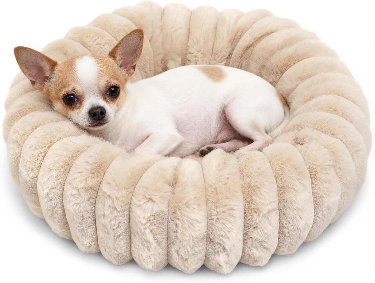 Mini Dog Bed for Very Small Dogs & Cats Washable, Fluffy round Extra Small Kitten Beds for Indoor Kittens, Ultra-Soft Tiny Puppy Cat Donut Bed for Cozy Sleep, Beige, 16 X 16 X 3.5 Inch
