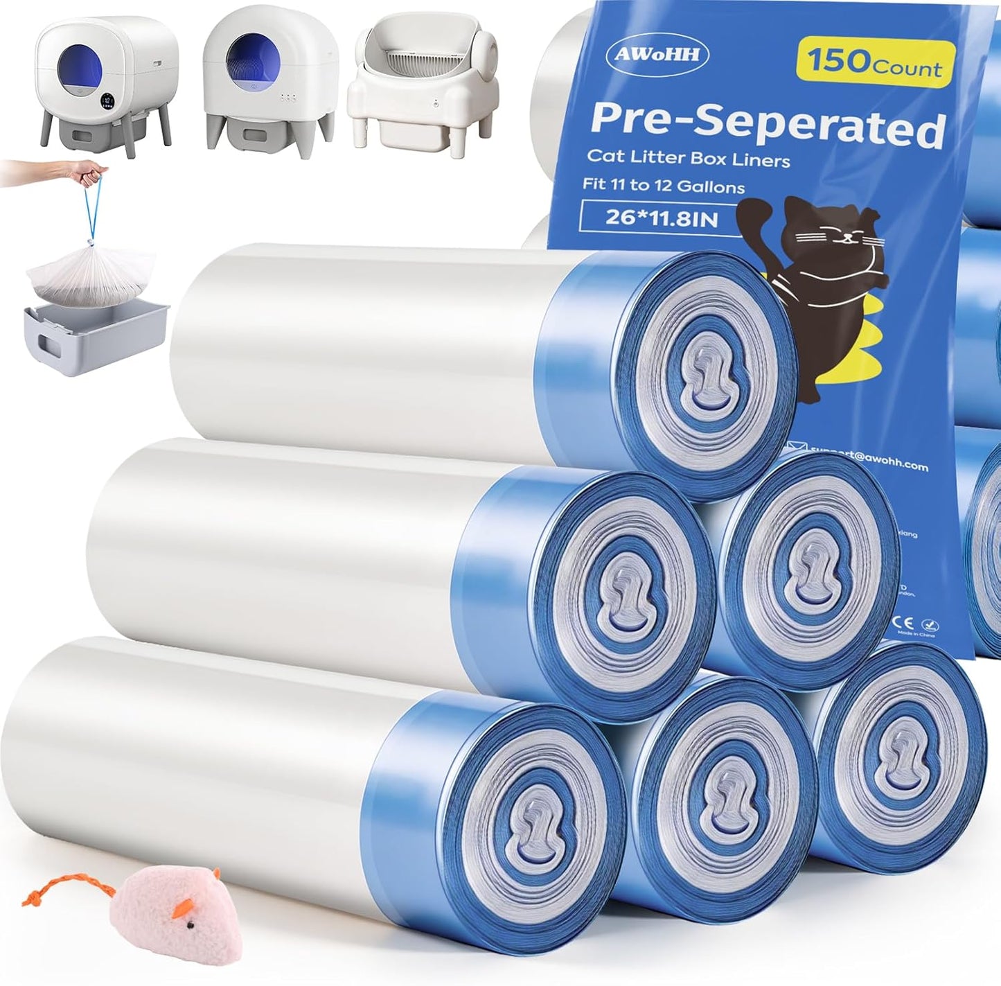 150 Count 26"X11.8" Self-Cleaning Cat Litter Bags - Heavy Duty Litter Box Liners for Cumrige Fumoi & Fsitego Automatic Litter Boxes - Pre-Separated Kitty Litter Bags with Drawstring(10-12 Gallon)