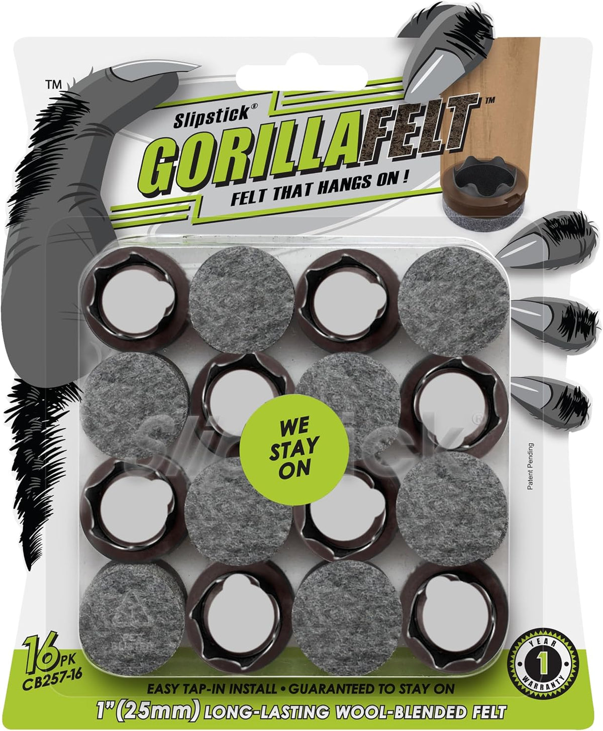 Gorillafelt Chair Leg Floor Protectors/Felt Chair Glides (Set of 16) Tap-On Felt Furniture Pads Guaranteed to Stay On, 1 Inch round Chair Sliders