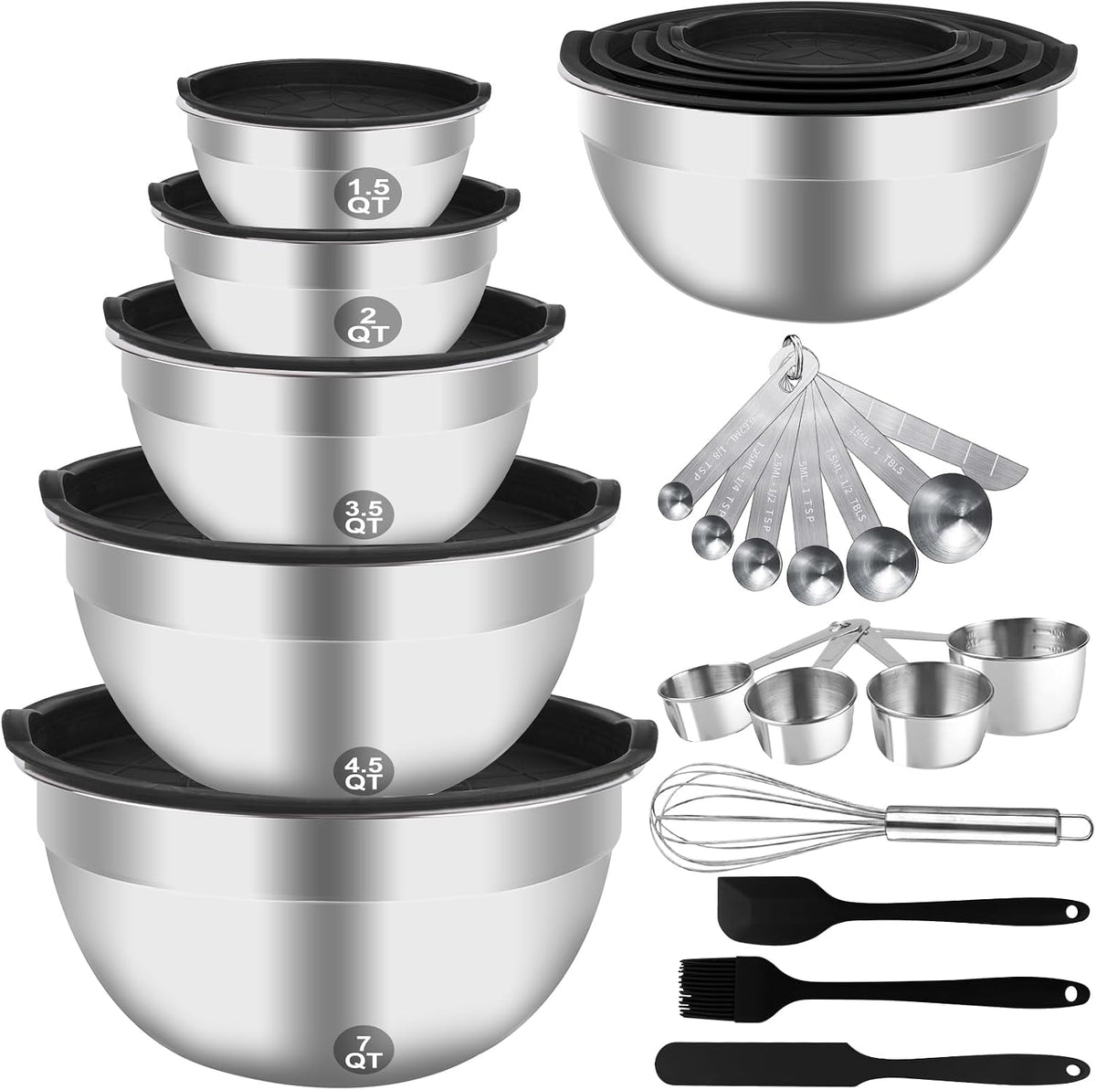 WEPSEN Mixing Bowls Set, 25PCS Stainless Steel Mixing Bowl with Lid Set, Large Nesting Bowls 7, 4.5, 3,2, 1.5QT, Measuring Cups and Spoons Baking Utensils Metal Bowl for Kitchen Prep