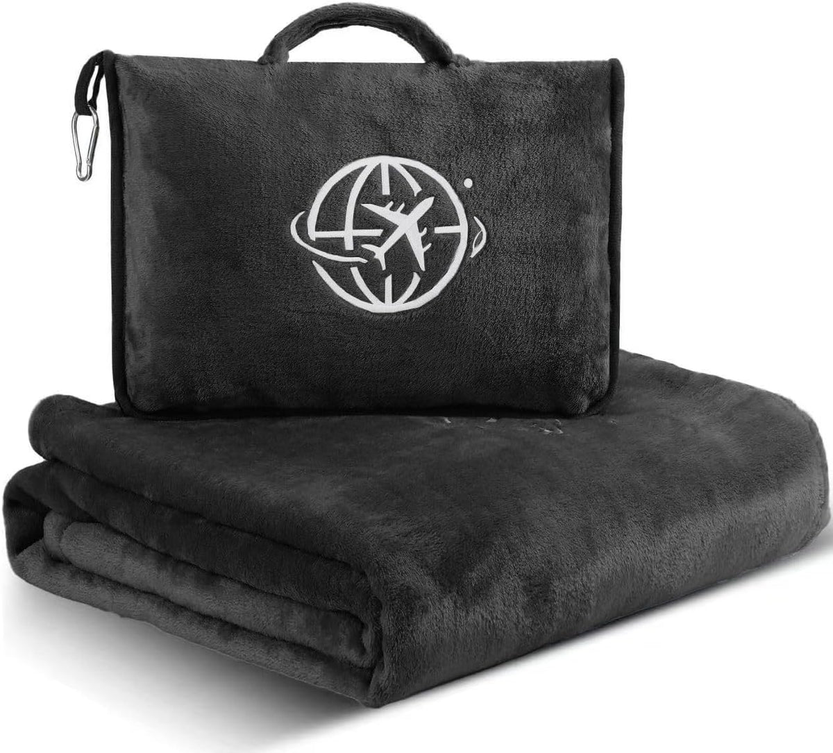 2-In-1 Travel Blanket and Pillow β Lightweight, Compact, Ultra Soft, Machine Washable β Handle, Luggage Sleeve, Backpack Clip β for Travel Airplane, Car, Office (Black)