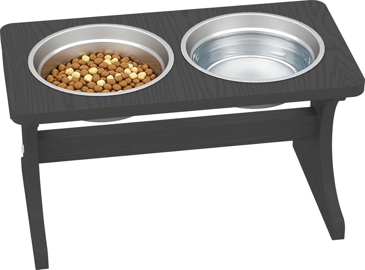 Raised Dog Bowl Stand for Medium Breed, Feeding Station with 35 Oz 2 Stainless Steel Bowls & Licking Plate,Dog Food Bowl Black