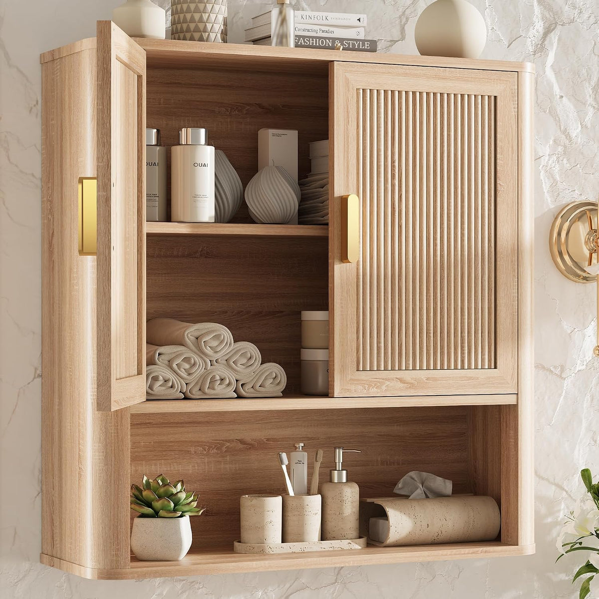 Bathroom Wall Storage Cabinet, Medicine Cabinet with Adjustable Wood Shelf & Doors, over the Toilet Storage Cabinet above Toilet Storage for Laundry Room & Living Room Kitchen Storage Islands (Oak)