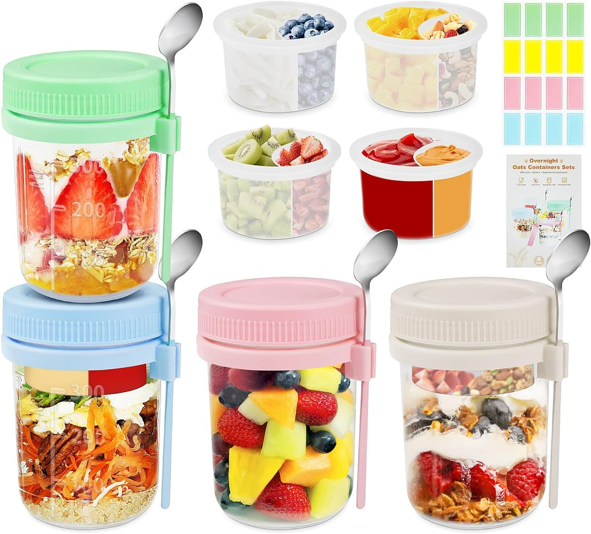 Overnight Oats Containers with Lids and Spoons - 4 Pack 16 Oz Glass Mason Jars with Separate Compartments Airtight Leakproof Yogurt Parfait Cup for Oatmeal Chia Pudding Cereal Sugar Packet Holders