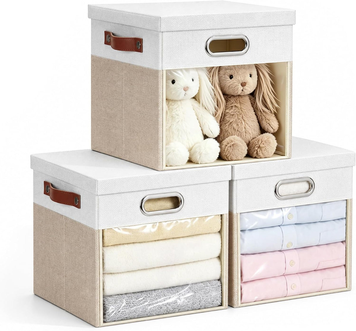 11X11 Inch Ultra Thick Fabric Storage Bins with Lids & Windows, 3P