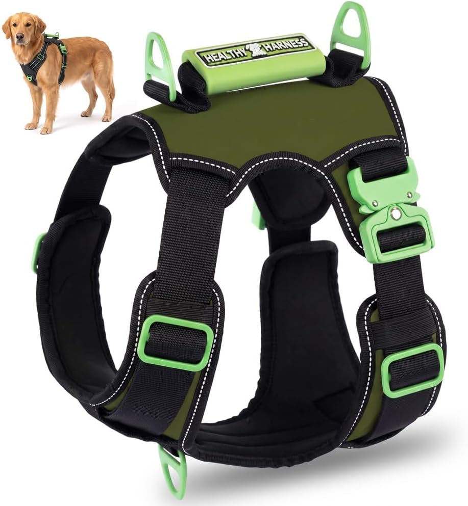 Supreme Sport Dog Harness - Heavy Duty Design, No Choke, No Pull. Adjustable, Comfy Padding, Easy On/Off, Metal Hardware, Emergency Handle and 3 Connect Points (Green, XXL)