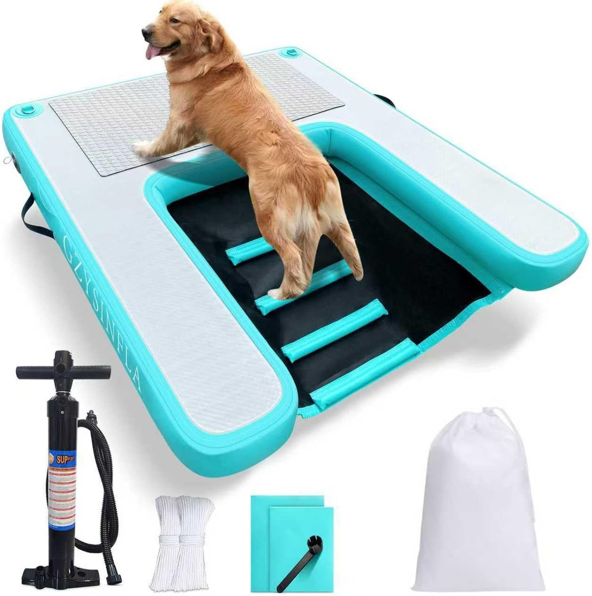 Inflatable Large Dog Water Ramp Float Floating Ramp-Swimming Pets up to 200 Pounds Large Dogs-Inflatable Stairs for Boats, Docks, with Pump/Rope/Repair Kit - PVC Anti-Slip Fabric