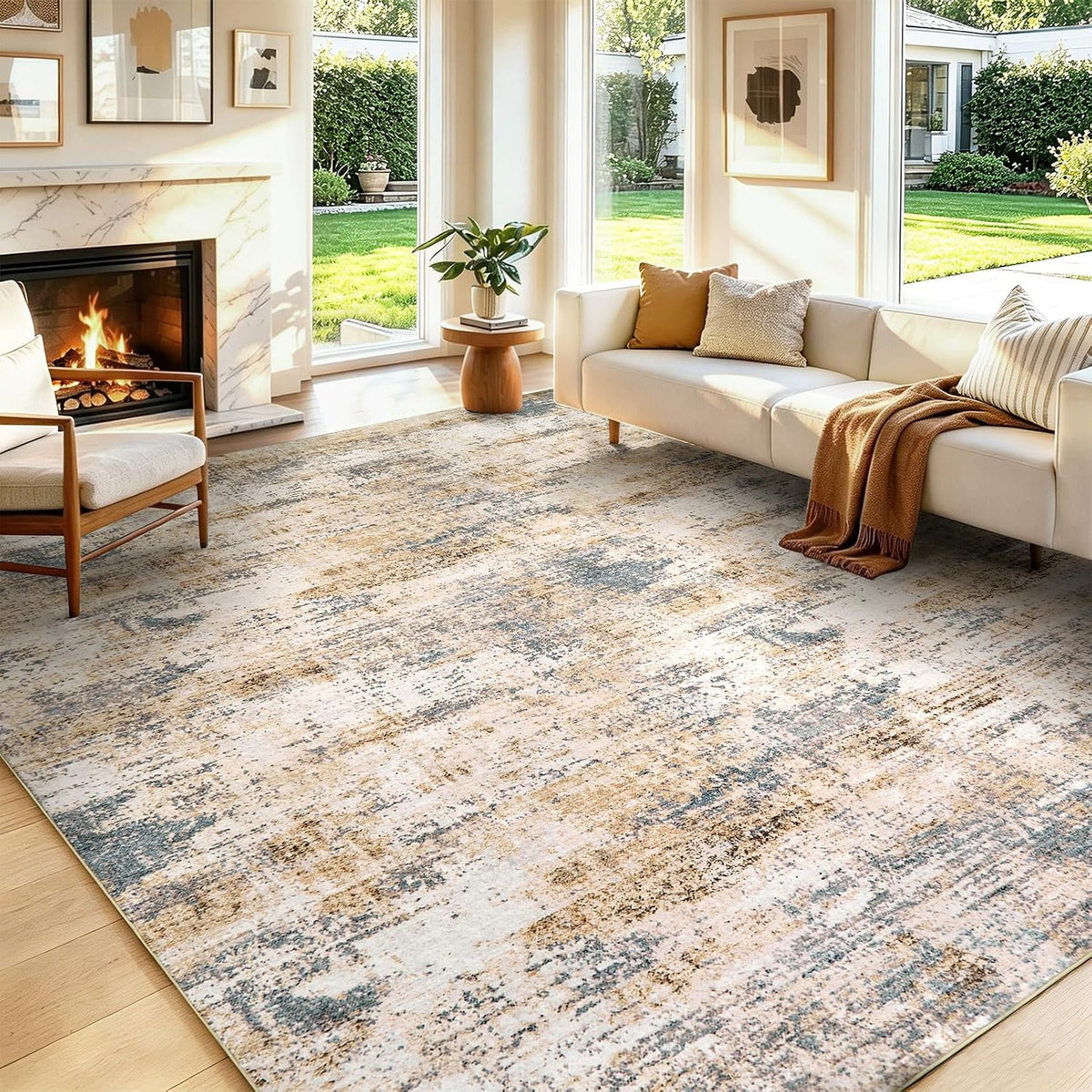 Washable Area Rug Living Room Rugs-8X10 Large Soft Non-Slip Carpet for Bedroom Dining Room Modern Abstract Neutral Low Pile Floor Rugs Stain Resistant Indoor Nursery Home Office,Brown Grey