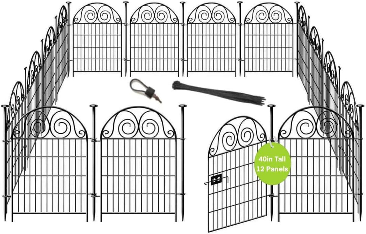 Getlay Tall Garden Animal Barrier Fence with Gate,40 In(H)×27 In(L) 12 Panels Dog Digging Fence Barrier, Black Metal Temporary Fences, Reusable Defense Fencing for Outdoor Yard. Total 26.2 Ft│Patented