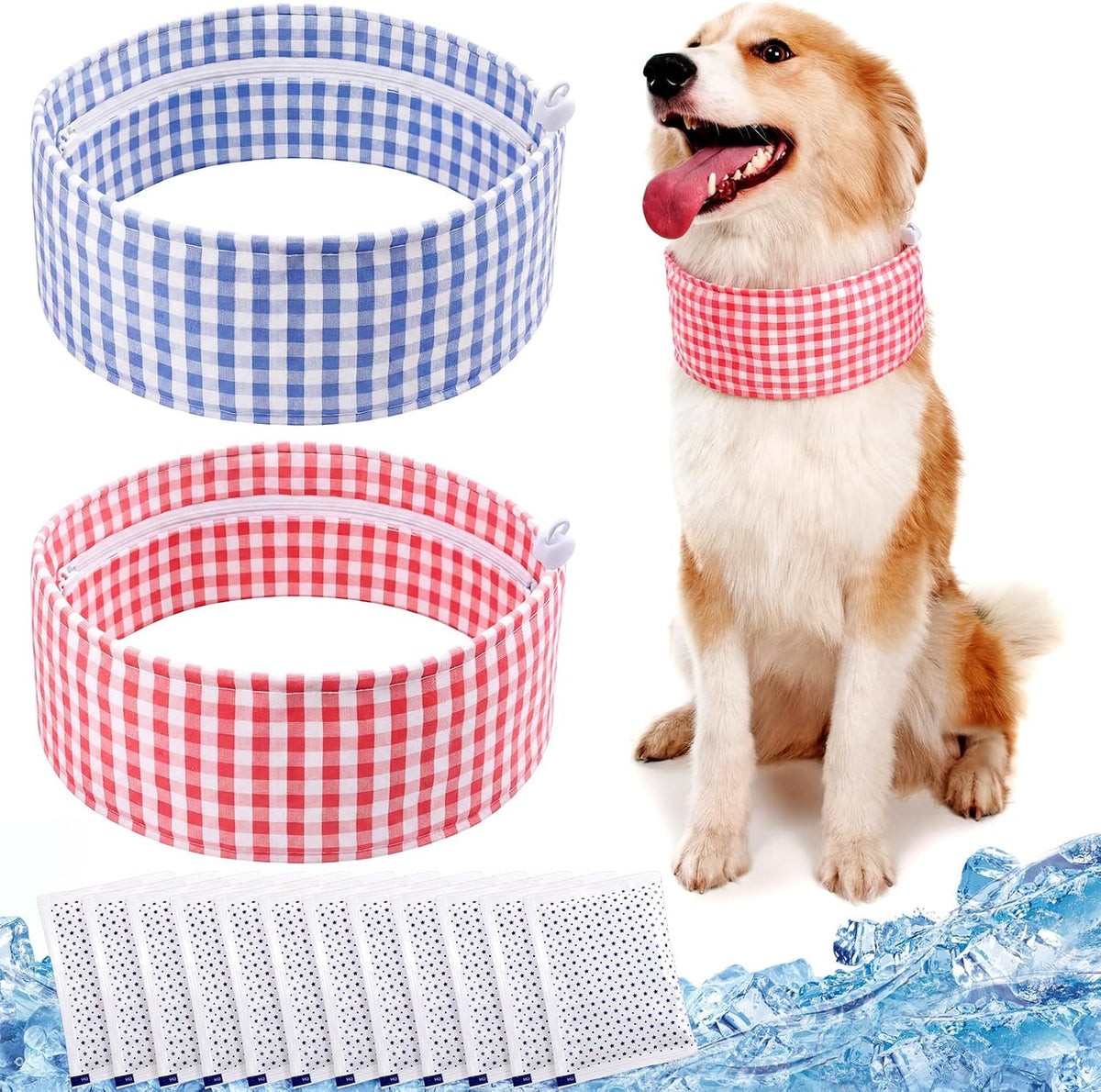 2 Pack Dog Cooling Bandana Collar with 10 Ice Packs, Adjustable Cooling Neck Wrap for Dogs, Reusable Pet Scarf for Hot Weather Summer Cats and Dogs(L,Blue Square&Pink Square)