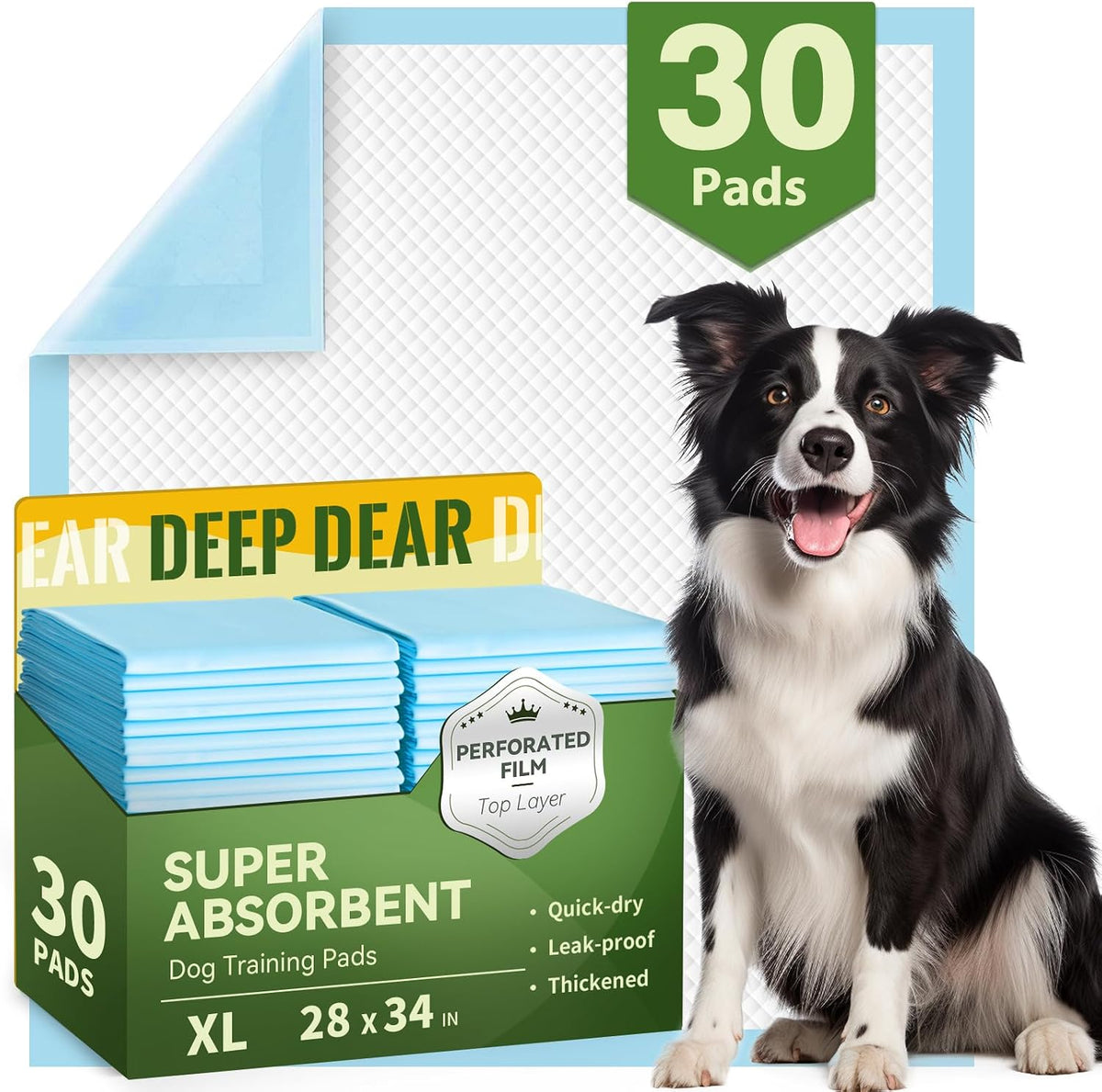 DEEP DEAR Extra Large Dog Pads 28"X34", 30 Count Thicker Puppy Pads XL, Super Absorbent Pee Pads for Dogs, Disposable Incontience Underpads for Doggies, Cats, Rabbits, Pups, Leak-Proof Pet Potty Mats