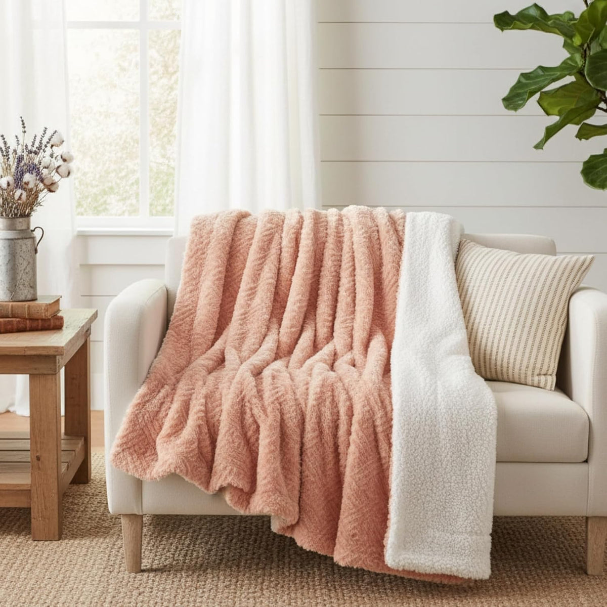 Dada Bedding Coral Pastel Peach Rose Faux Fur Throw Blanket - Dreamy Geometric Embossed Sherpa Backside - Super Soft Warm Cozy Plush Fluffy - 63" X 90"
