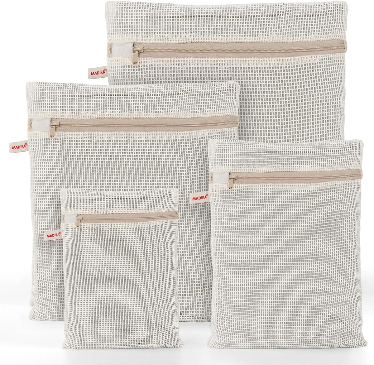 MADIKA 100% Cotton Mesh Laundry Bags, Organic Cotton Laundry Bags, No Dye, Set of 4, Natural