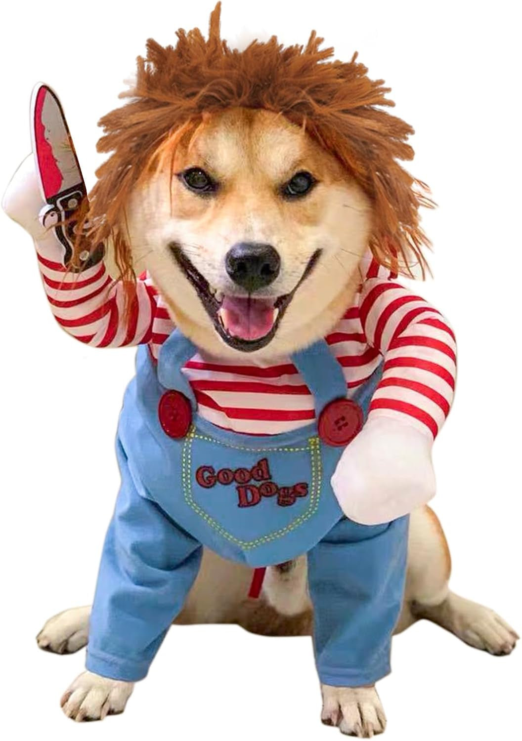 Dog Halloween Costume,Funny Chucky Dog Costume with Pet Wig,Cosplay Scary Outfit with Knife Clothes for Dogs (Small)