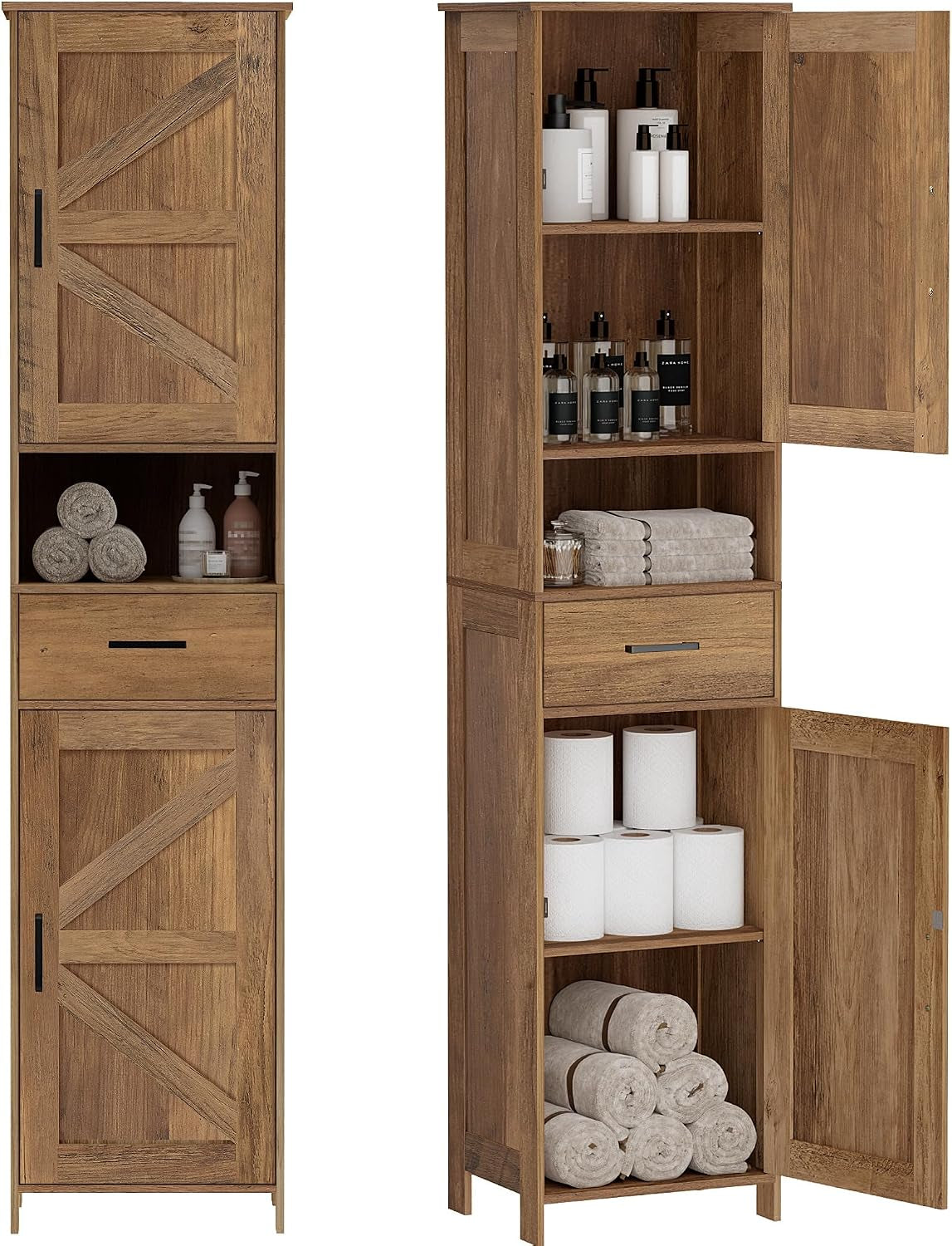 67" H Tall Bathroom Storage Cabinet with Barn Doors and Drawer
