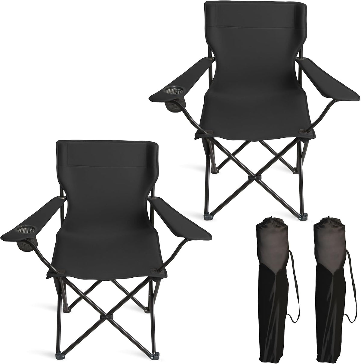 Portable Camping Chair 2 Pack, Folding Outdoor Chair with Cup Holder & Side Pocket for Camping, Hiking, Picnic, Beach (Black, 2 Pack)