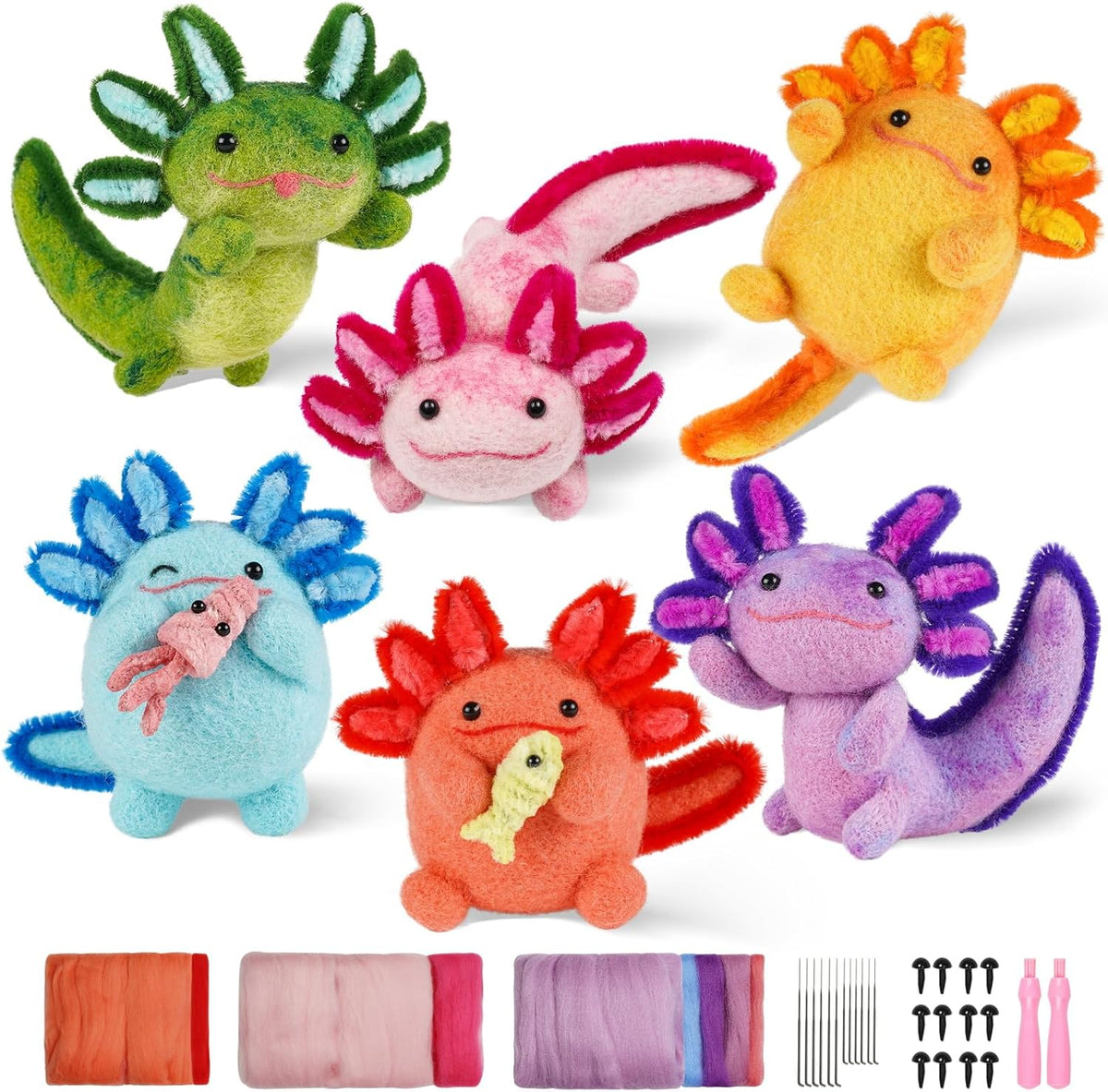 MOREJMTT Needle Felting Kit, 6 PCS Animal Needle Felting Beginner Kits, Wool Felt Needle Felting Tools Foam Pad, Craft Party Supplies for Beginners Adult(6Pack Axolotl)