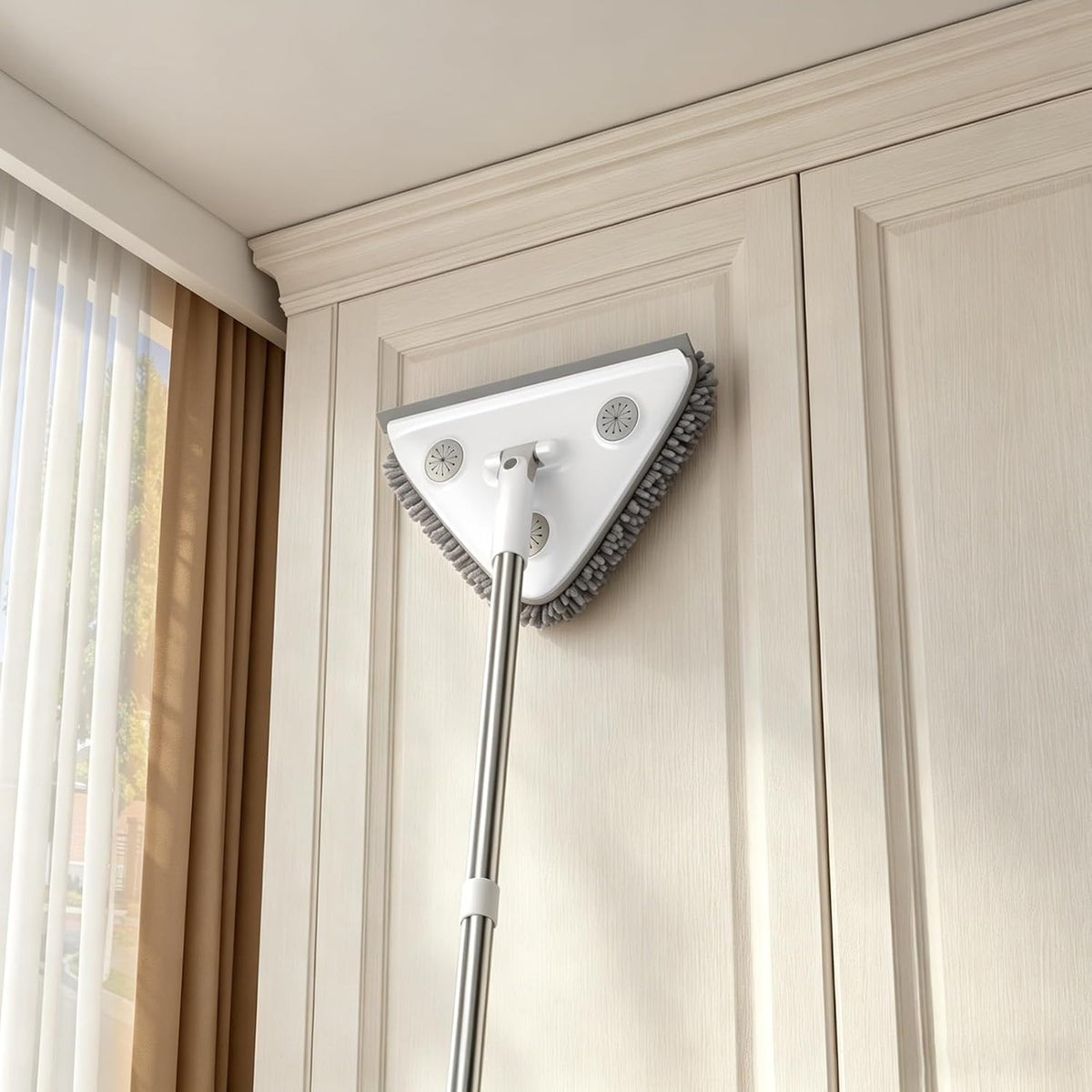 Wall Cleaner Mop with Long Handle, Baseboard Cleaner Tool with Extension Pole & Squeegee, 3-In-1 Ceiling Cleaning Tool Duster with 3 Microfiber and 3 Chenille Pads for Washing Window, Floor, Cabinet
