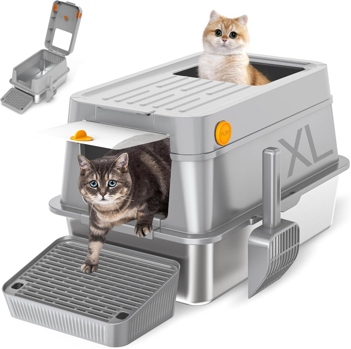 Top Entry XL Stainless Steel Litter Box with Flip-Top Lid, Enclosed Metal