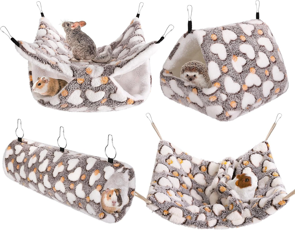 MCEAST 4 Pieces Small Pets Cage Accessories Hanging Hammock Sleeping Bag Tunnel and Bed Hideout Set Warm Sleep Nap Sack Bed for Hamster Ferret Squirrel Rabbit, Coffee Hearts