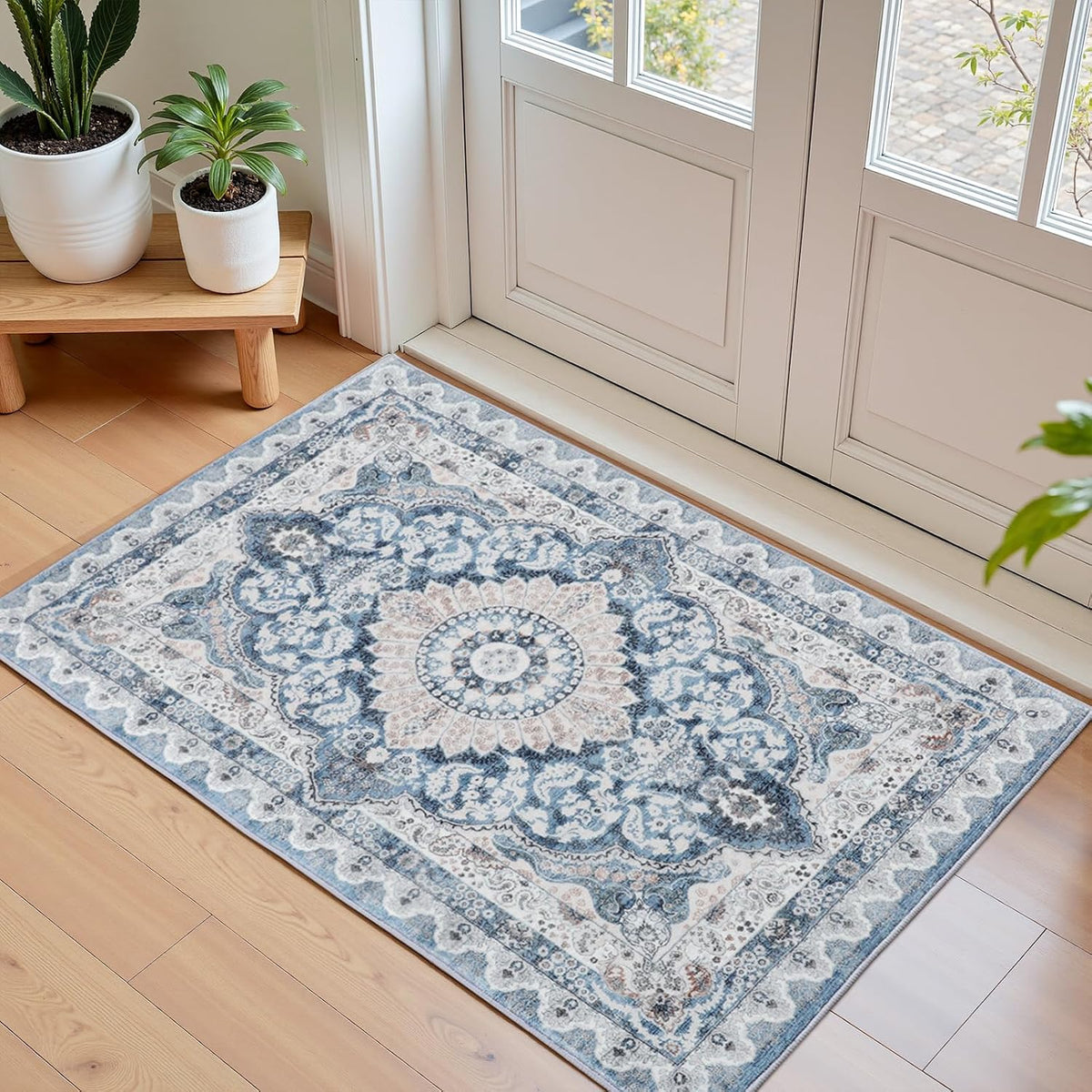 Macgace Washable Vintage Small Area Rug for Entryway, 2X3 Rugs Blue & Beige