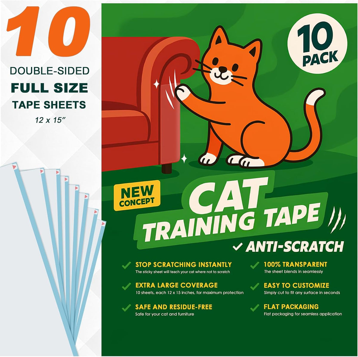 Cat Scratch Deterrent Tape – 10 Double-Sided Anti-Scratching Sticky Tape – Protect Furniture & Train Cats to Stop Scratching – Effective Cat Training Tape for Sofas & Couches