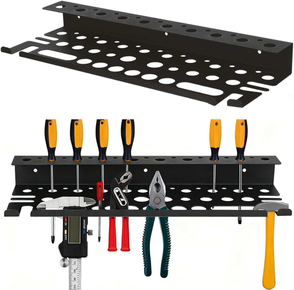 Metal Screwdriver Organizer, 15.75Inch Utility Wall Mount Tool Organizer for Screwdrivers Pliers Holder with 35 Holes, Hand Tool Storage Rack for Workbench, Garage, Warehouse (Black, 2 Layers)