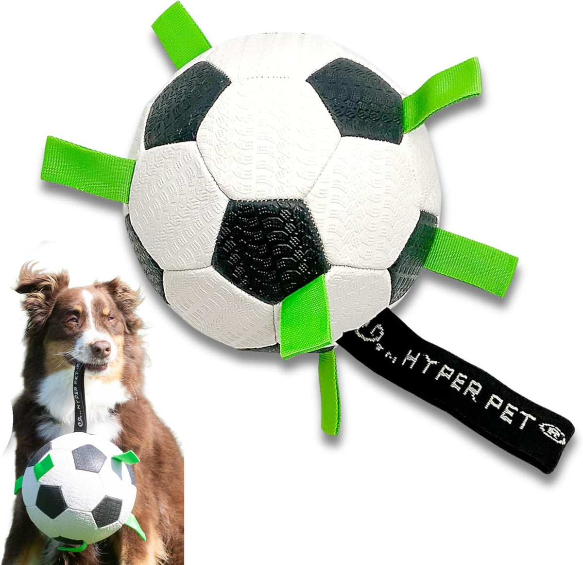 Hyper Pet Grab Tabs Dog Soccer Ball with Straps (7.5") Indoor or Outdoor; Interactive Durable Fetch Ball with Tug Toy for All Dog Breeds