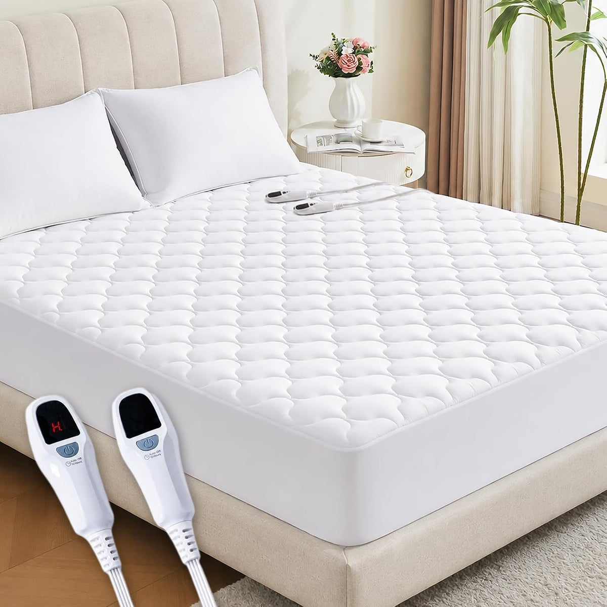Queen Size Heated Mattress Pad with Dual Control - 10-Hour Auto Shut off & 10 Heat Settings Electric Mattress Pad Cover - Bed Warmer with Deep Pocket, Fast Heating, Machine Washable, White