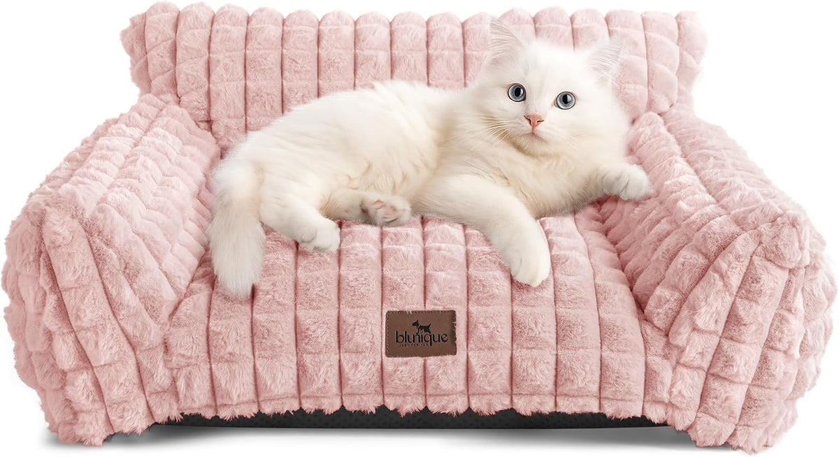 Cat Couch Bed with Fluffy Faux Rabbit Fur for Indoor Cats, 24 Inch