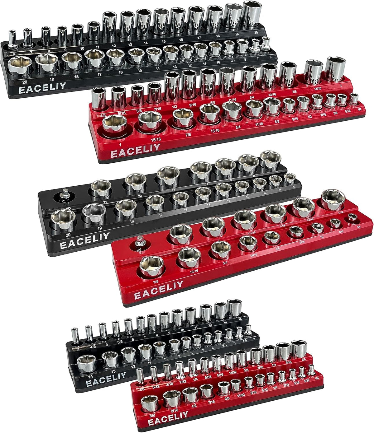 EACELIY Magnetic Socket Organizer Set, 1/2", 1/4" and 3/8" SAE & Metric Deep & Shallow Socket Holder Kit, Holds 141 Stanard Sockets, Attaches to Steel Box/Tool Cart (Sockets Not Included) 丨6PCS