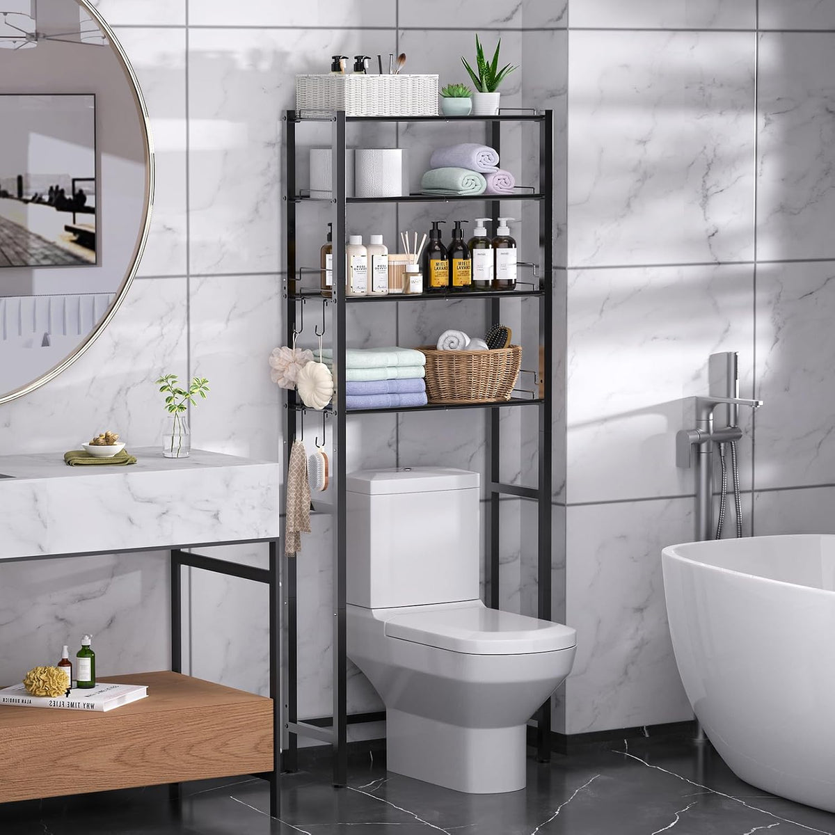 Samstar 4 Tier over the Toilet Storage Rack, Bathroom Organizer Shelves Cabinet above Toilet, with Adjustable Height Freestanding Shelf Space Saver, Black
