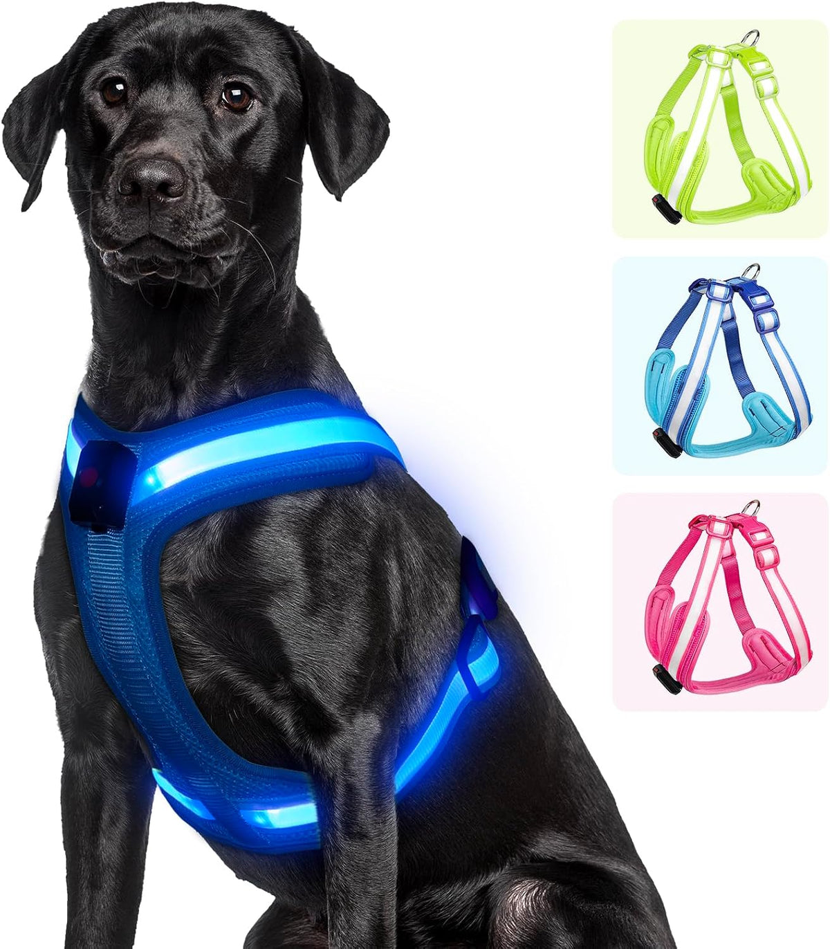 Light up Dog Harness - LED Dog Harness Rechargeable, No Choke Illuminated Glow Dark Harness Vest Waterproof for Medium Large XL Dogs for Camping Night Safety Walking-Blue,M