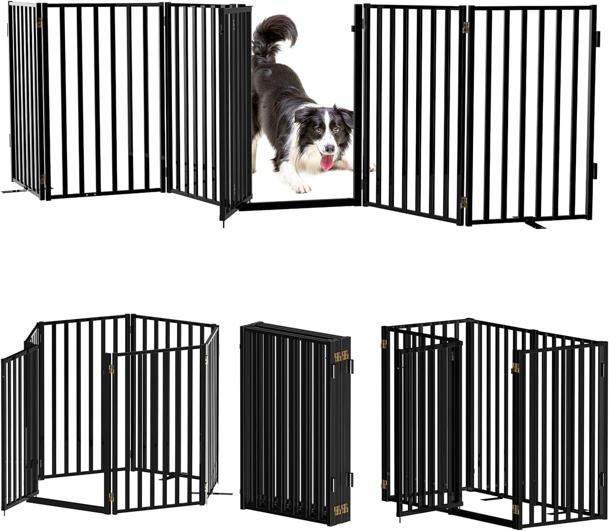 Full Metal Freestanding Dog Gates with Door, 32" Height Dog Fences for Indoor & Outdoor, Extra Wide Foldable Pet Gates for Stairs, Hallways, Doorways, Yard (6 Panels, 120" W × 32" H)
