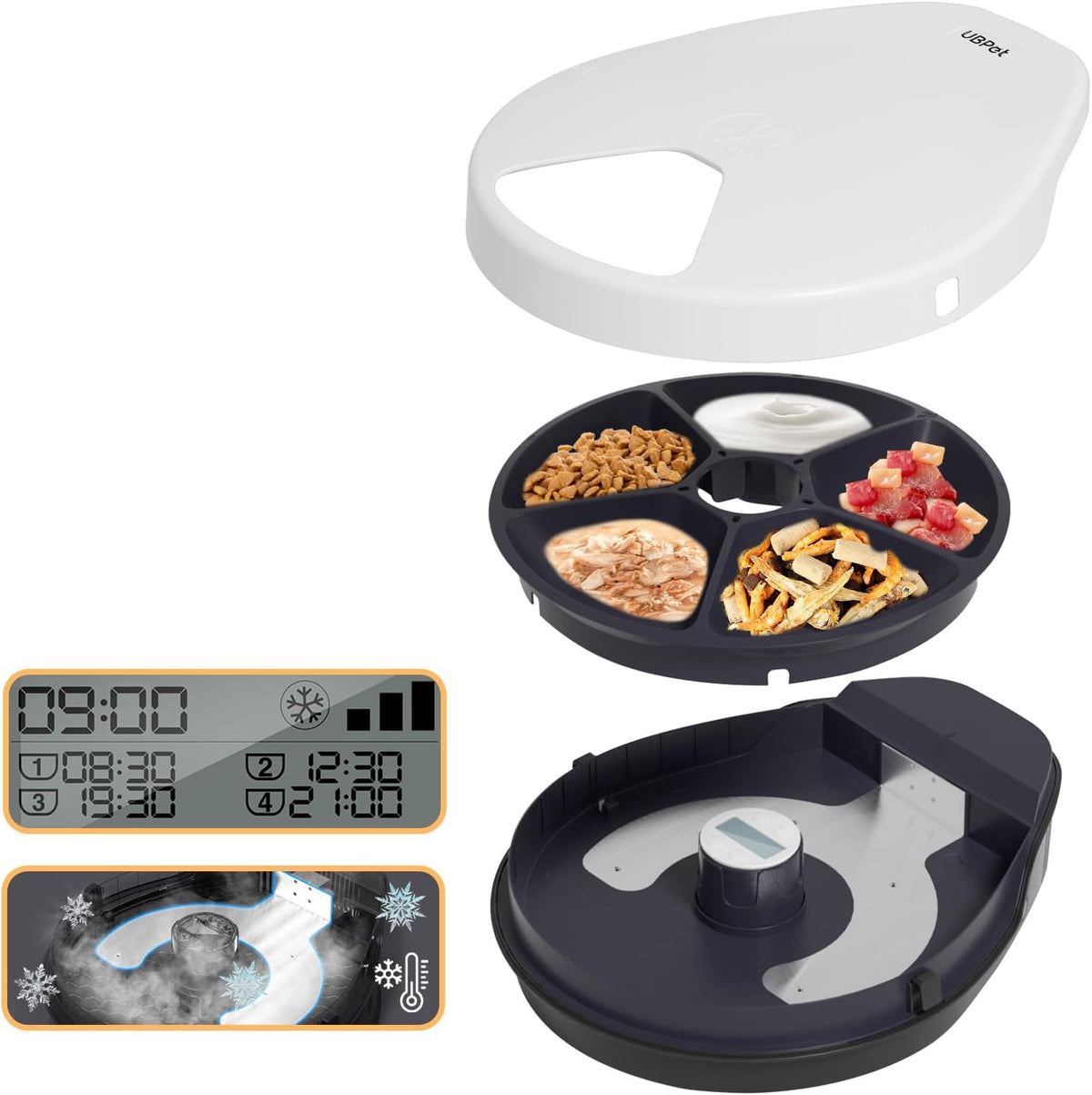 UBPET Cat Wet Food Automatic Feeder with Cooling, Semiconductor Refrigeration, with Timer, 5 Food Compartments for 330G Pet Food Each, Premium Meal Plates, Washable, for Cats