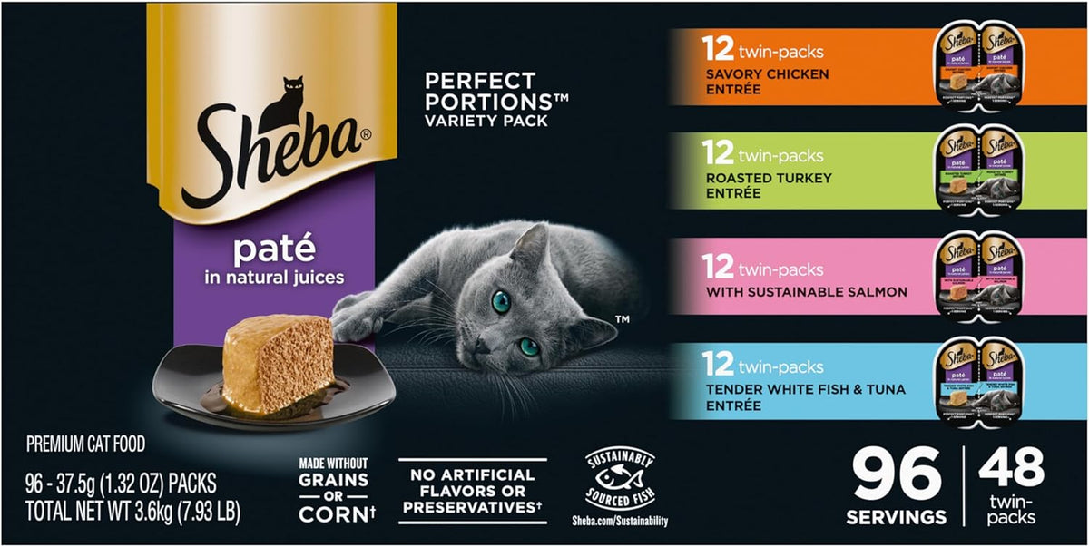 Sheba Perfect Portions Wet Cat Food Pate Savory Chicken, Roasted Turkey, with Sustainable Salmon, and Tender Whitefish & Tuna Variety Pack, 2.6 Oz. Twin-Pack Trays (48 Count, 96 Servings)