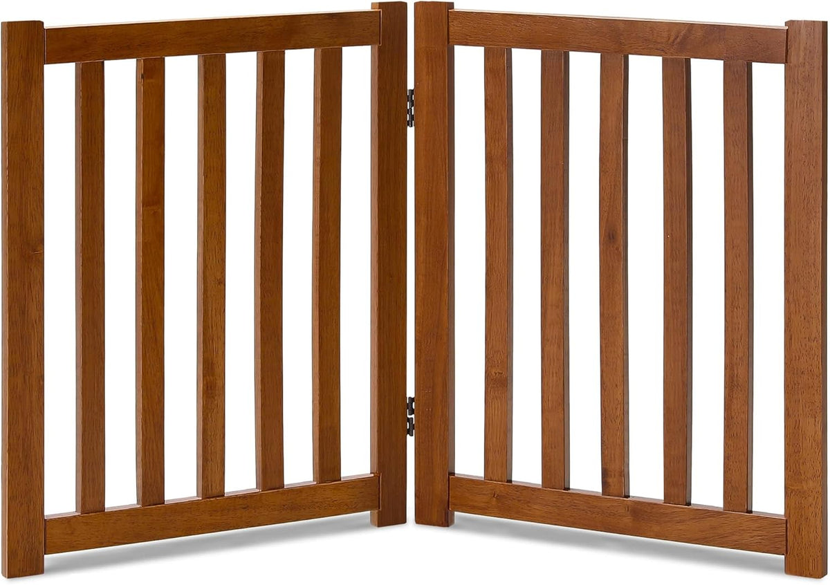 LZRS Wooden Free Standing Dog Gate 40" W X 24" H, Foldable Solid Hardwood Pet Safety Fence for House Doorways, Stairs, Hallways, Step-Over Pet Barrier, No Drill Easy Setup, Brown Oak