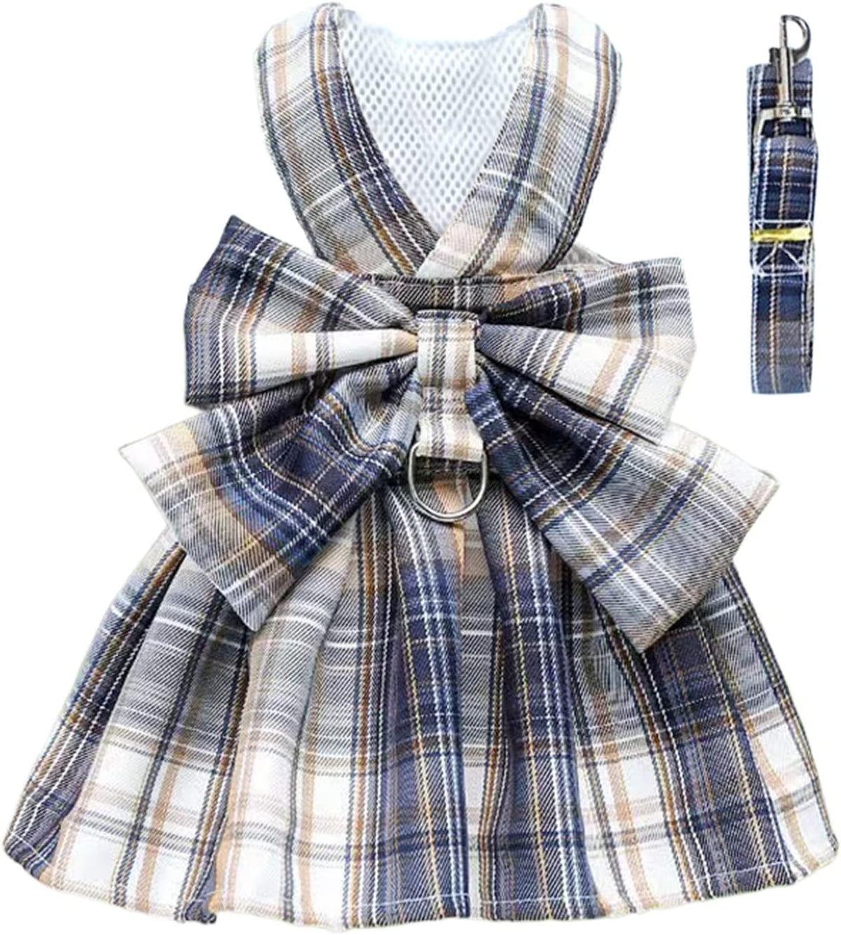 Plaid Dog Dress Bow Tie Harness Leash Set for Small Dogs Cats Girl Cute Princess Dog Dresses Spring Summer Puppy Bunny Rabbit Clothes Chihuahua Yorkies Pet Outfits