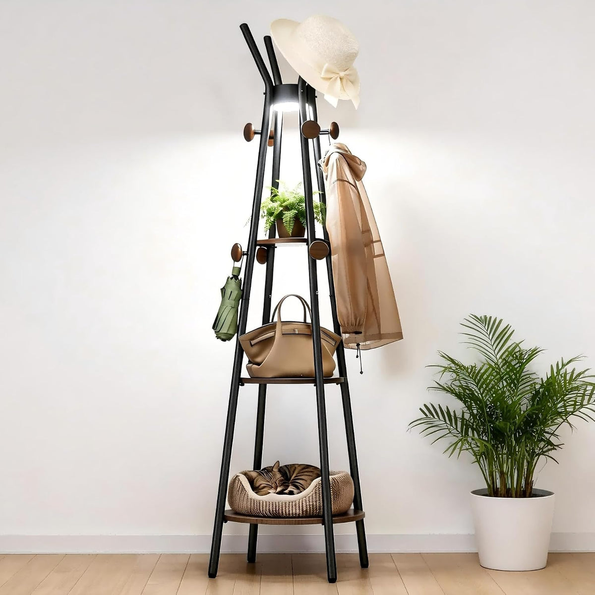 Young Master Freestanding Coat Rack with Light, 12 Hooks & 3 Wood Shelves, Black