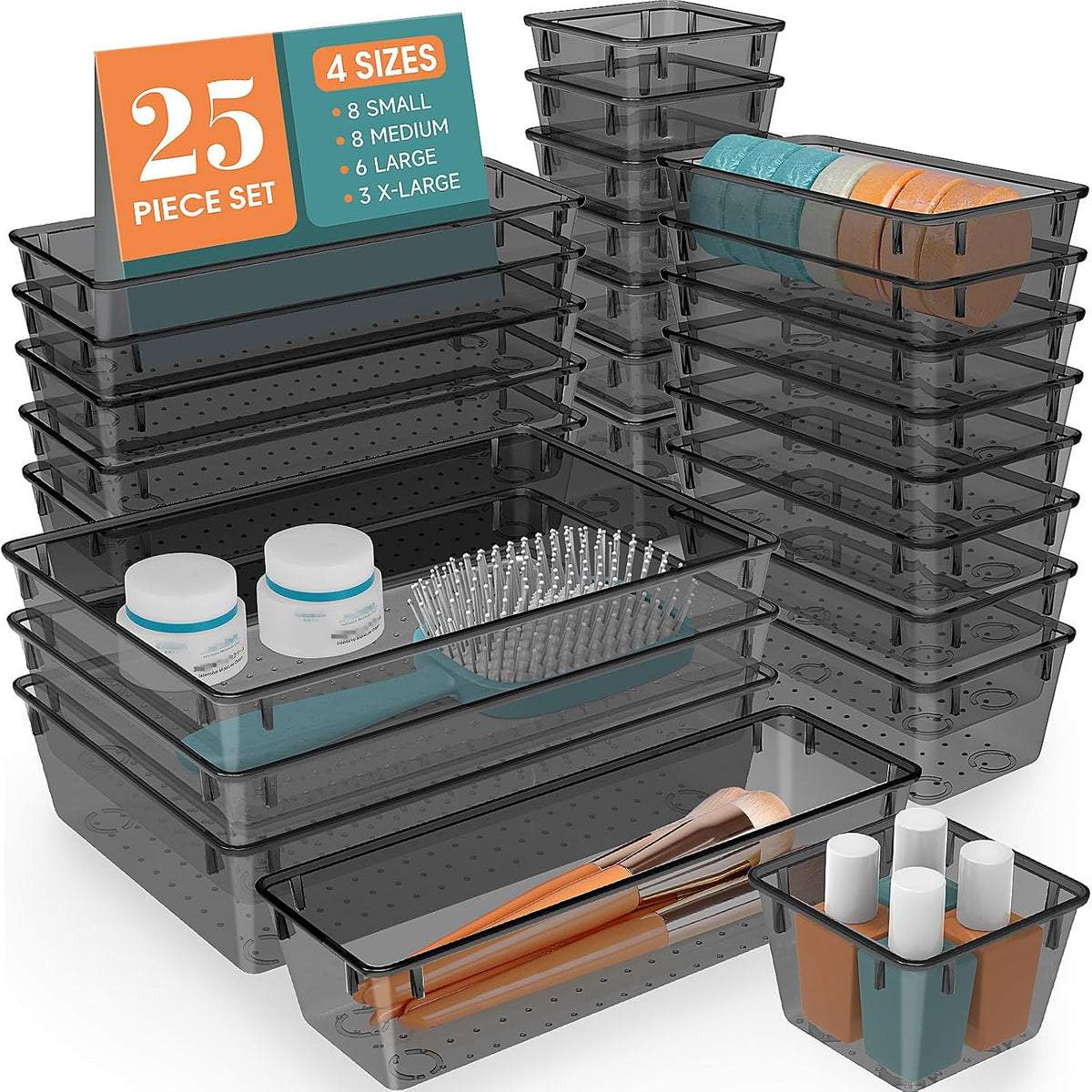 25 PCS Plastic Drawer Organizer Set, Makeup Organizers and Storage Bins