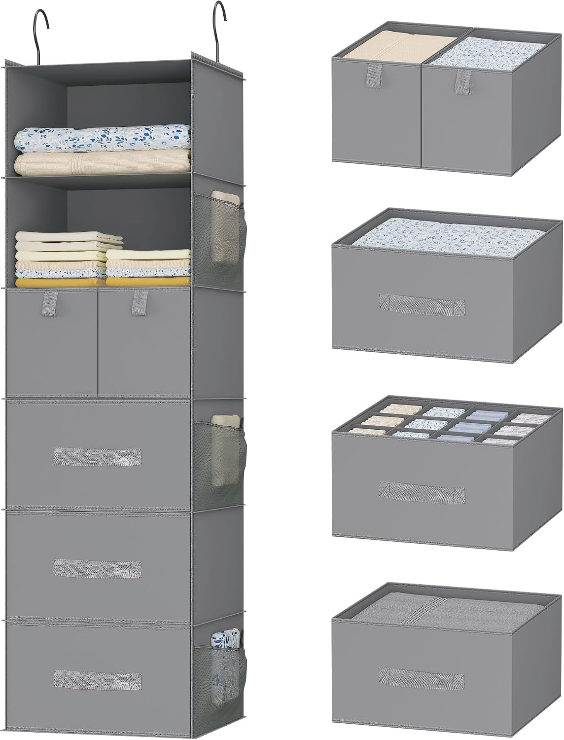 6-Shelf Hanging Closet Organizer with 5 Drawers, Non-Woven Storage, Gray